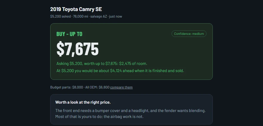 The answer screen: BUY - UP TO $7,675, with the room left under the asking price.